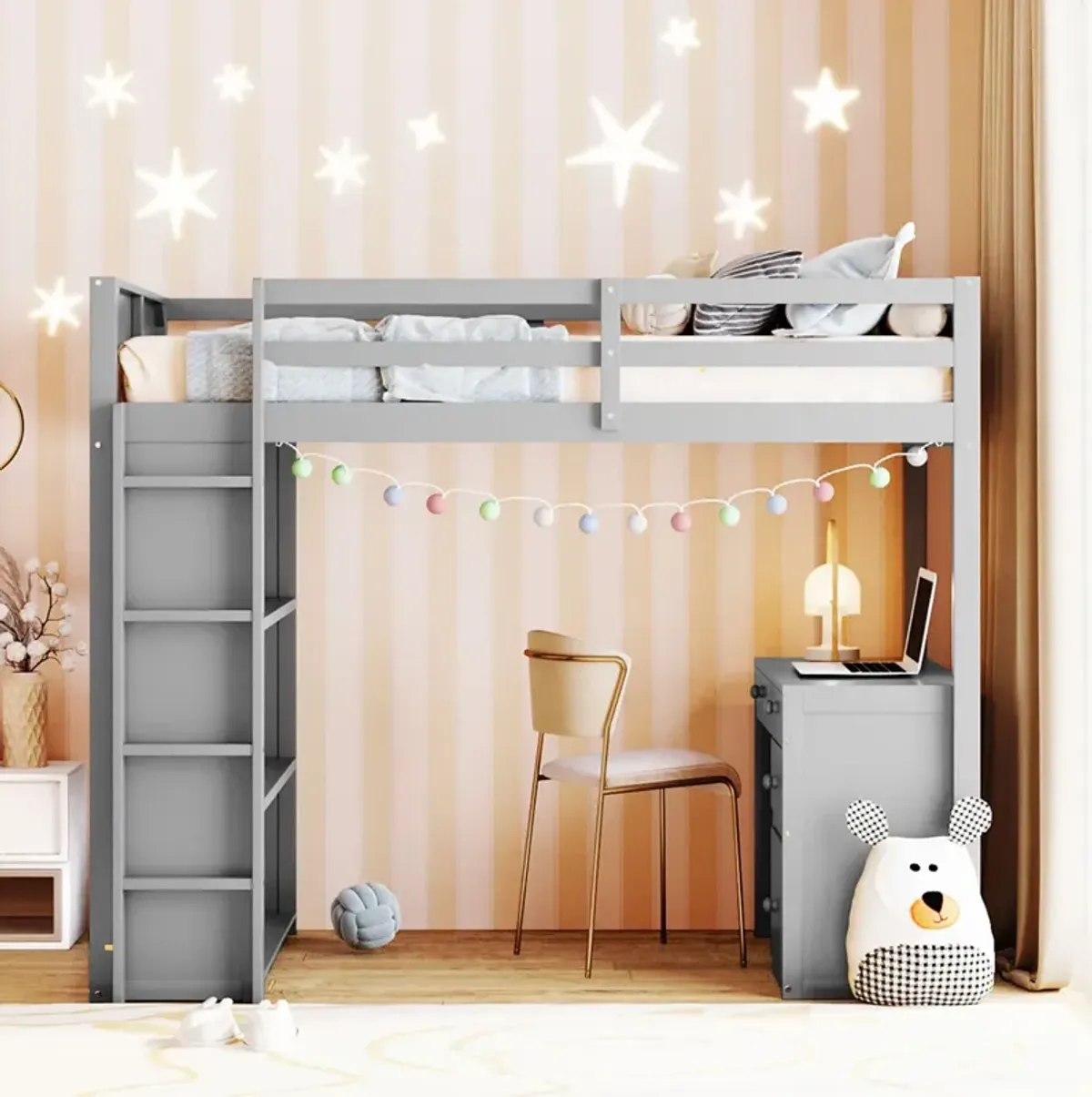 Twin Size Loft Bed With Ladder, Shelves, And Desk