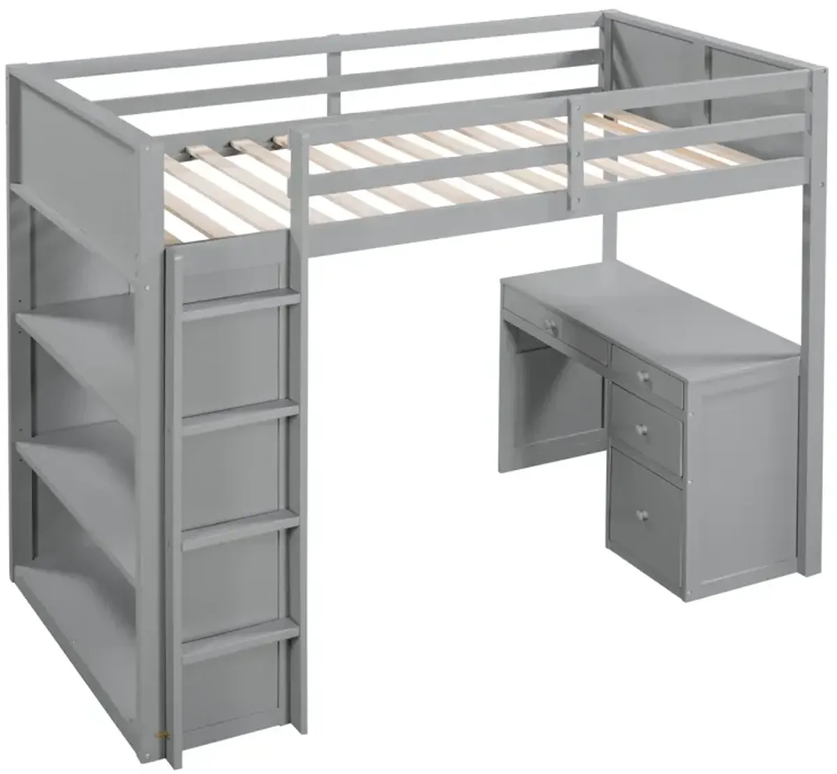 Twin Size Loft Bed With Ladder, Shelves, And Desk