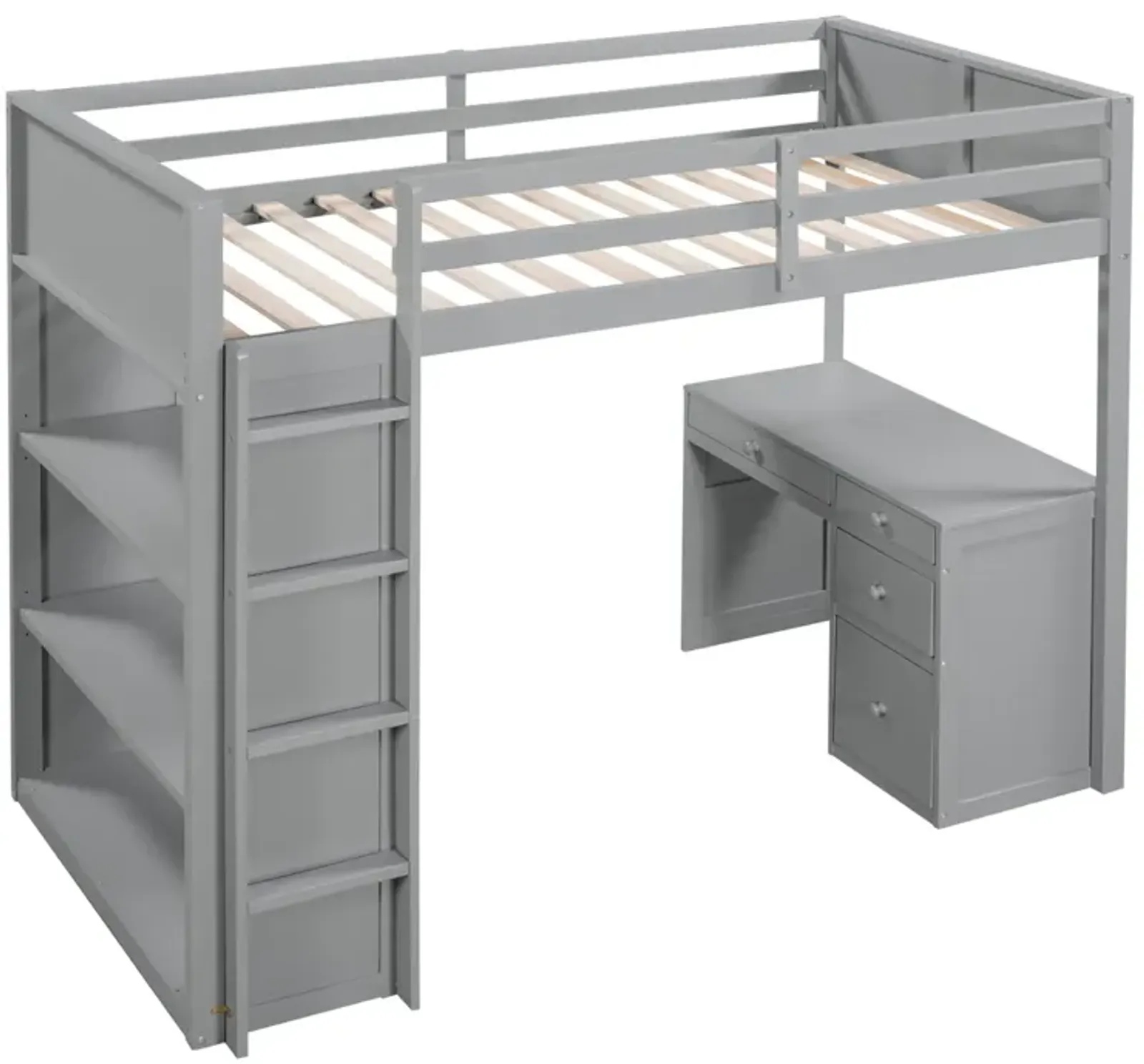 Twin Size Loft Bed With Ladder, Shelves, And Desk