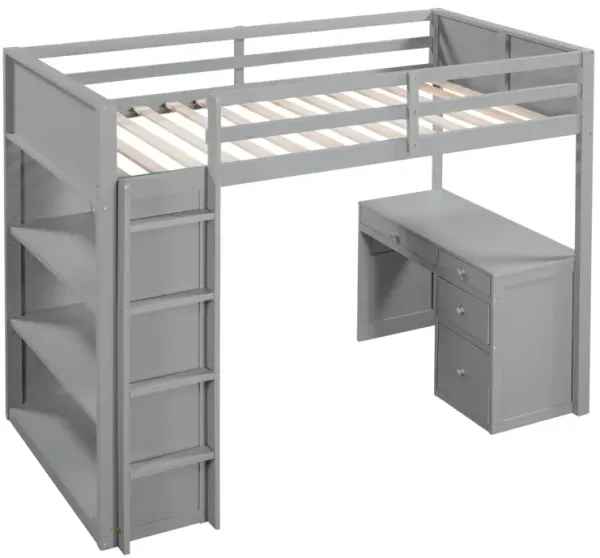 Twin Size Loft Bed With Ladder, Shelves, And Desk