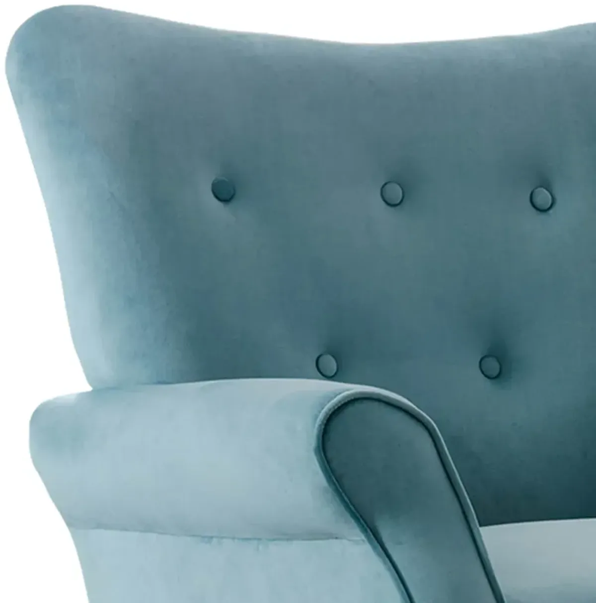 Cilic 32 Inch Accent Chair, Button Tufted Back, Rolled Arms, Blue Fabric-Benzara