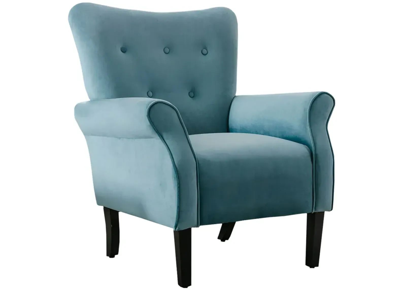 Cilic 32 Inch Accent Chair, Button Tufted Back, Rolled Arms, Blue Fabric-Benzara