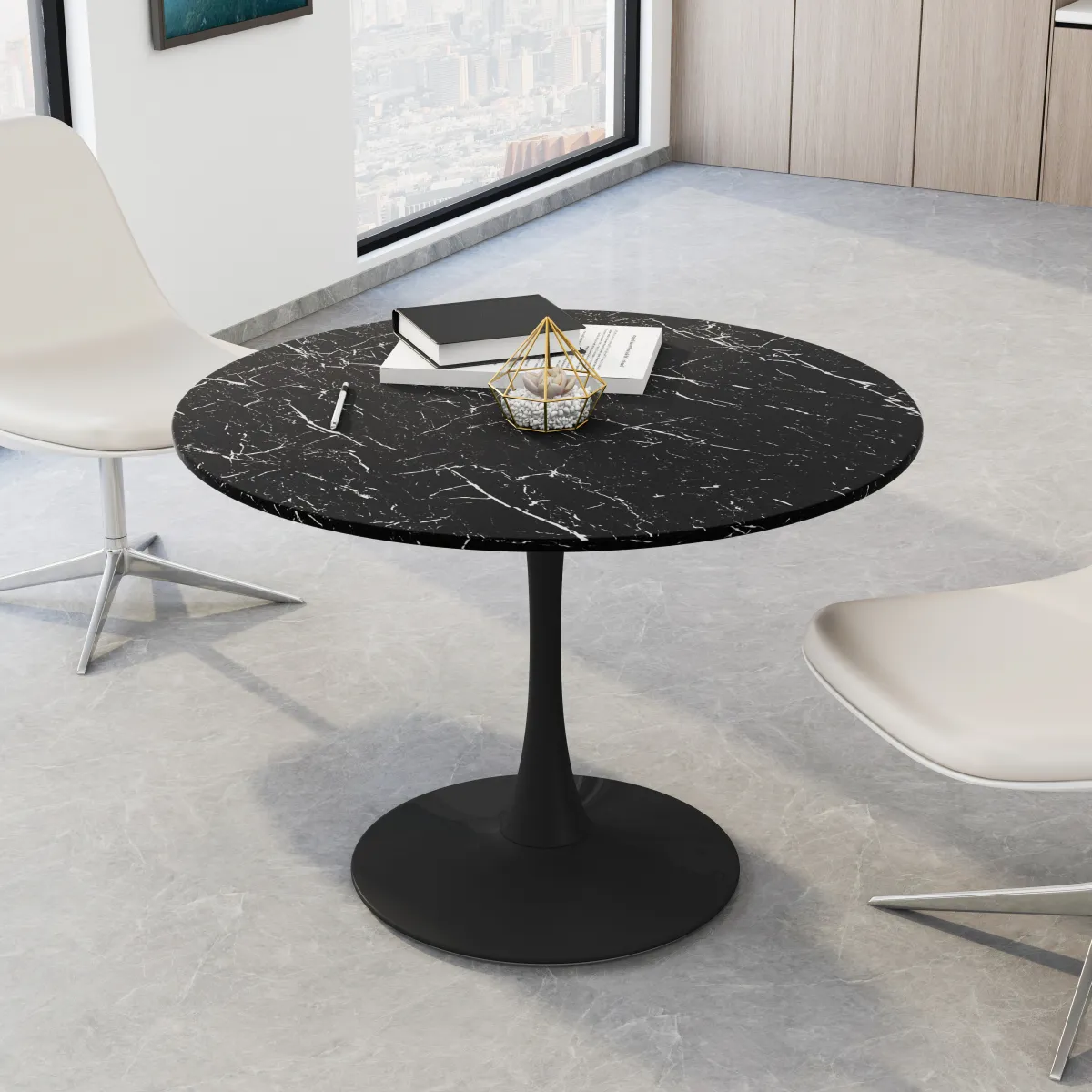 42.12" Modern Round Dining Table with Marble Top & Metal Base