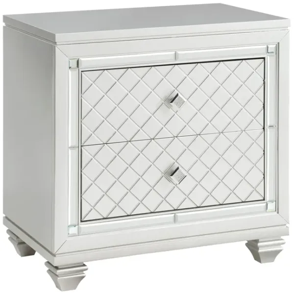Piros 29 Inch 2 Drawer Nightstand, Diamond Pattern, Mirrored Frame, Silver-Benzara