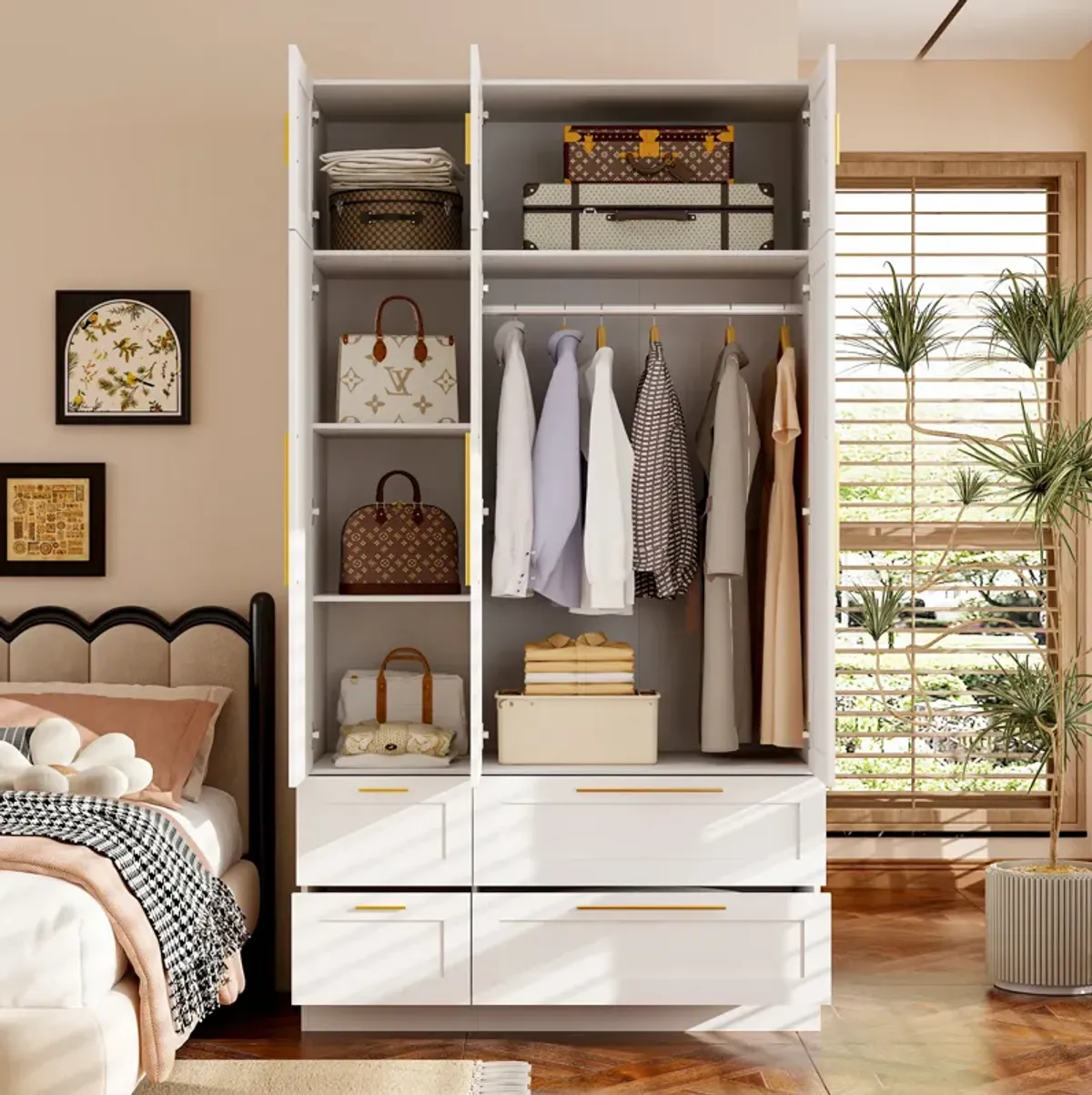 FUFU&GAGA Modern Wardrobe with Gold Handles, Spacious Storage and Hanging Rods (47" W x 20.5" D x 86.7" H),White