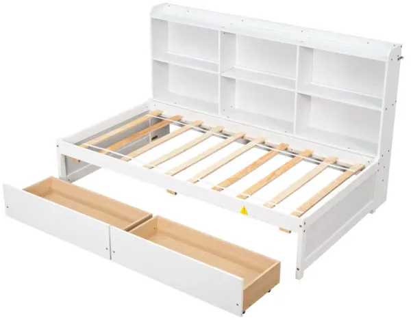Twin Bed with Side Bookcase, Drawers