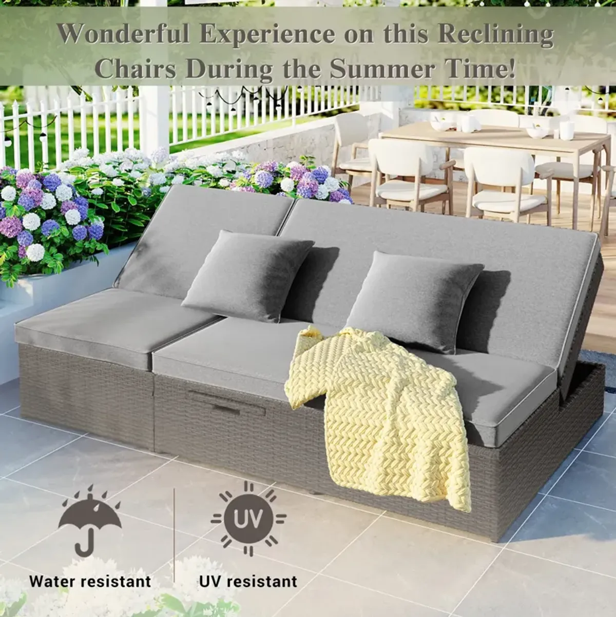 MONDAWE Outdoor Double Sunbed, Wicker Rattan Patio Reclining Chairs with Adjustable Backrest and Seat, Conversational Set