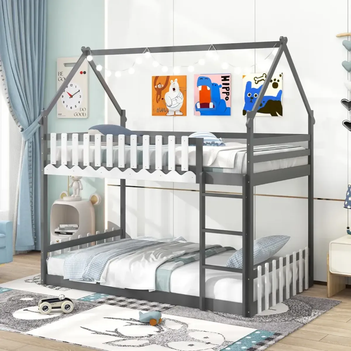 Twin Over Twin Bunk Bed with Fence and Ladder for Kids-Grey