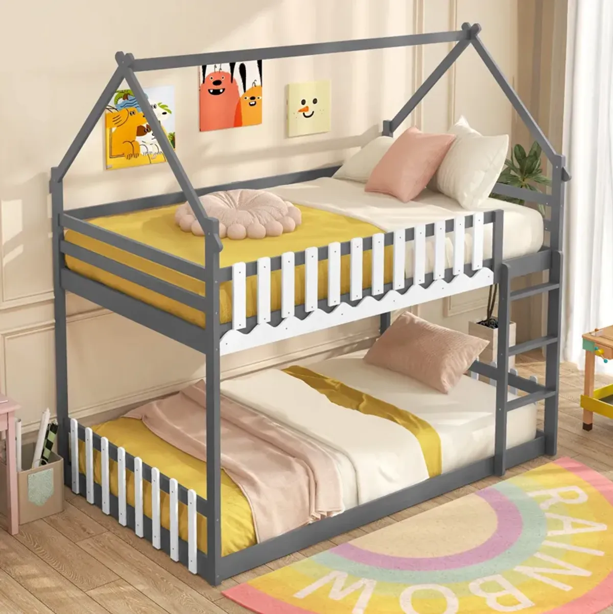 Twin Over Twin Bunk Bed with Fence and Ladder for Kids-Grey