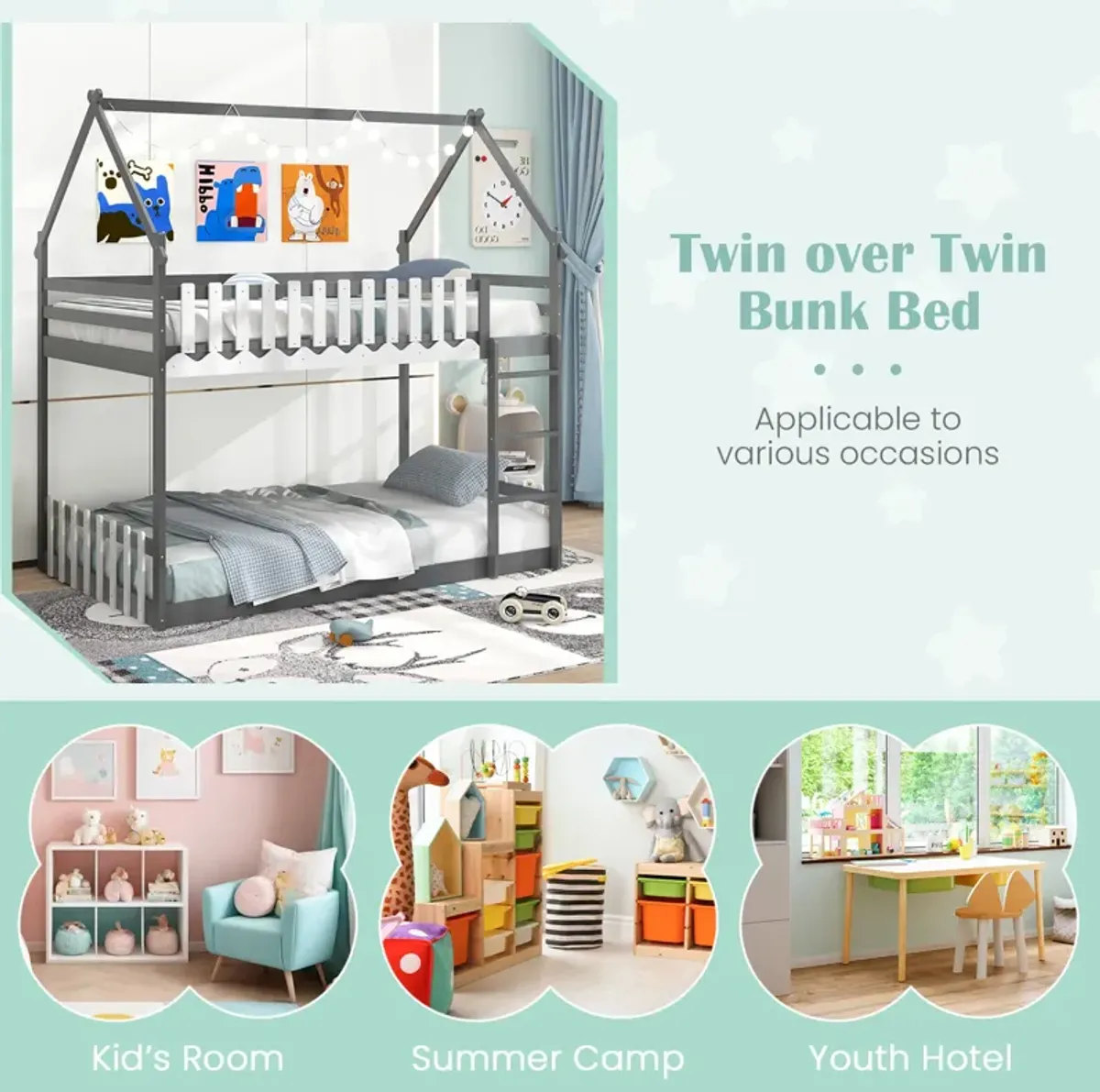 Twin Over Twin Bunk Bed with Fence and Ladder for Kids-Grey