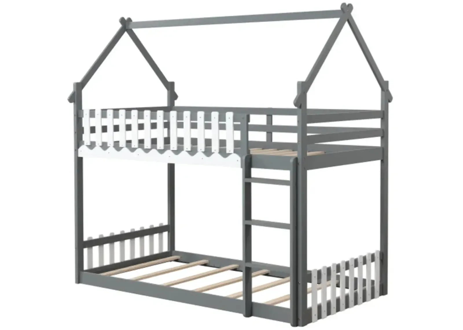 Twin Over Twin Bunk Bed with Fence and Ladder for Kids-Grey