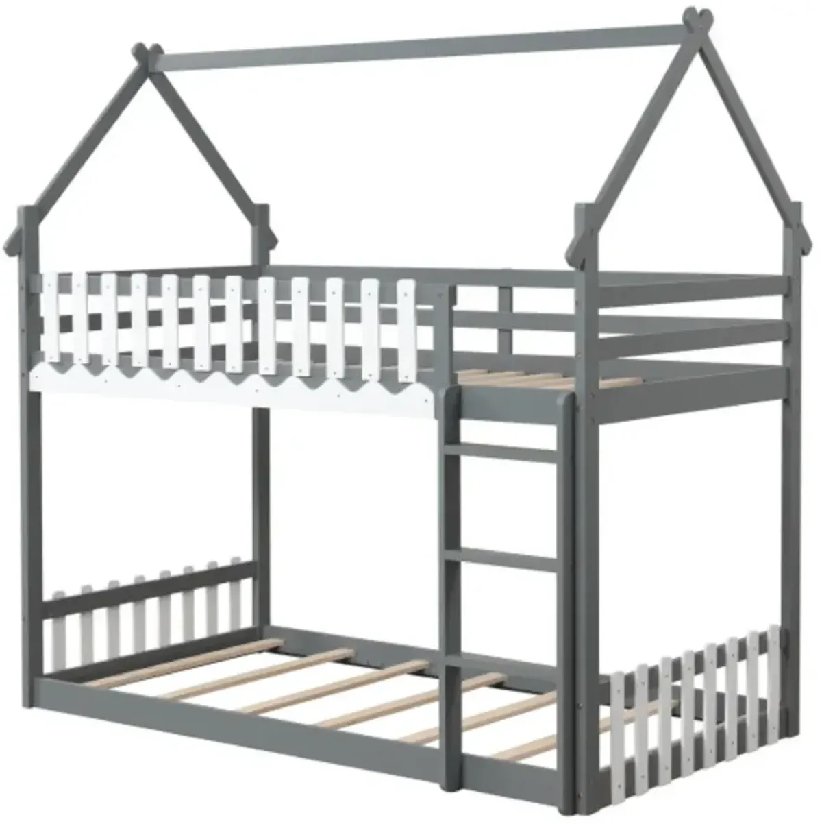 Twin Over Twin Bunk Bed with Fence and Ladder for Kids-Grey