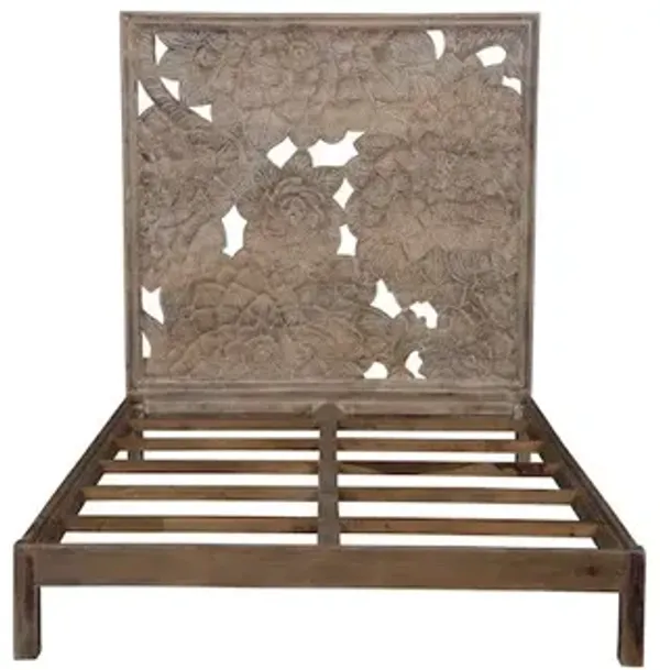 Porter Designs Dahlia Hand Carved Motif Queen Bed, Brown