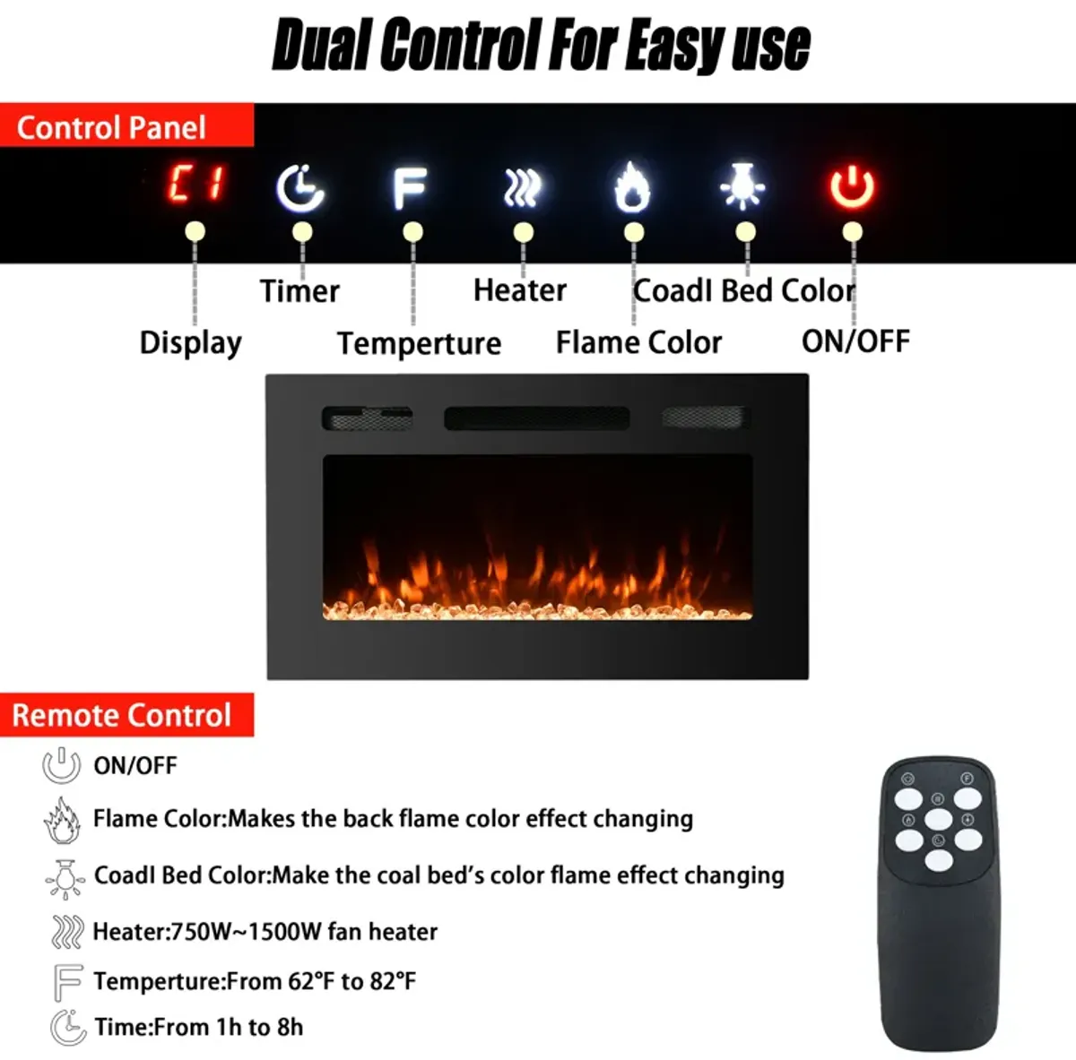 MONDAWE 30" Recessed Wall-Mounted Electric Fireplace 5000 BTU Heater with Remote Control