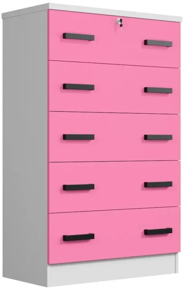 Cindy 5 Drawer Chest Wooden Dresser with Lock (White and Pink)