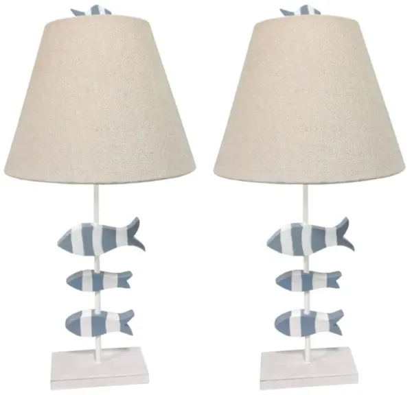 Lux Lighting School of Fish 28” Resin 3-Fish Table Lamp, Blue and White, (Set of 2)