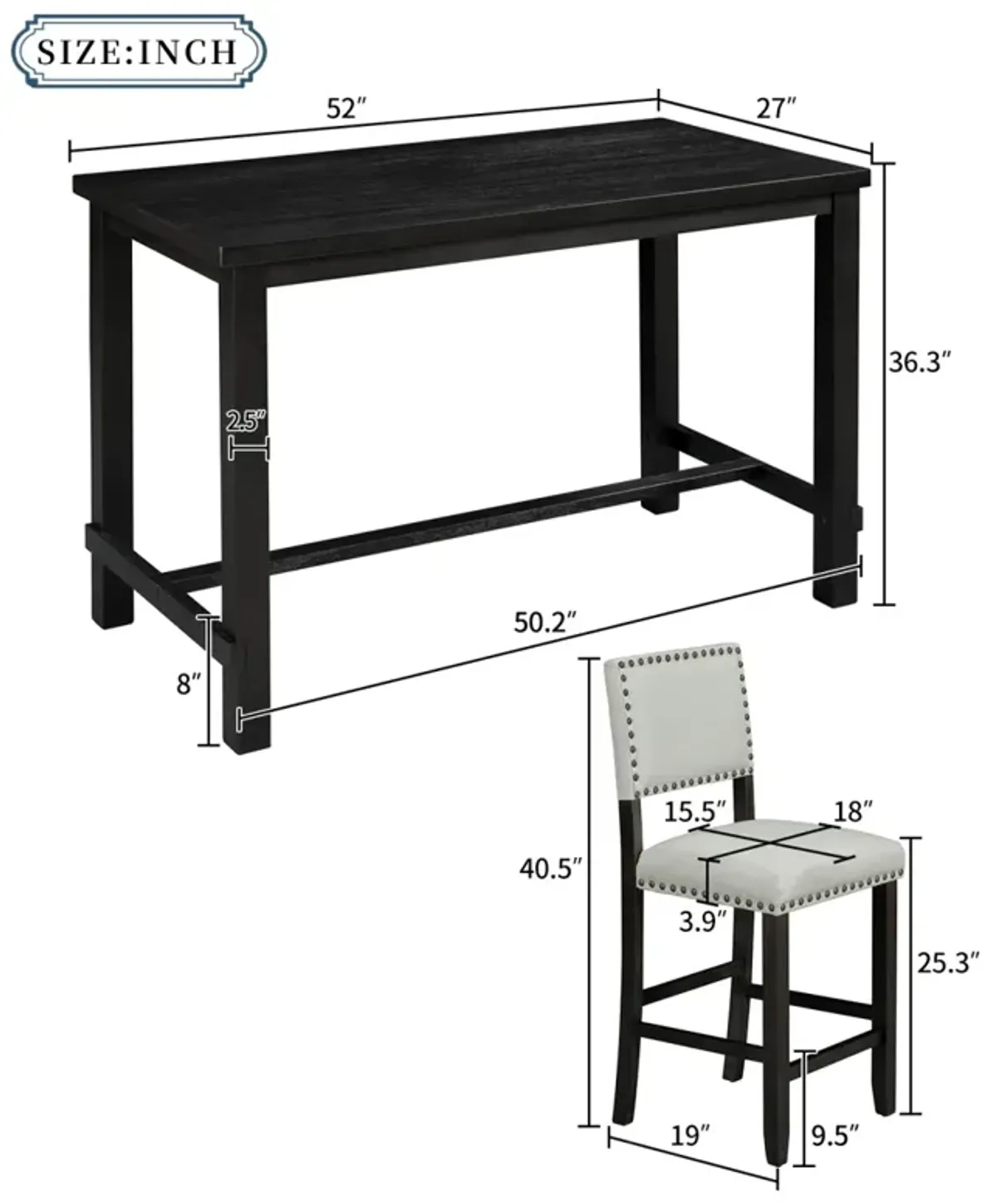 5-Piece Counter Height Dining Set, Classic Elegant Table and 4 Chairs