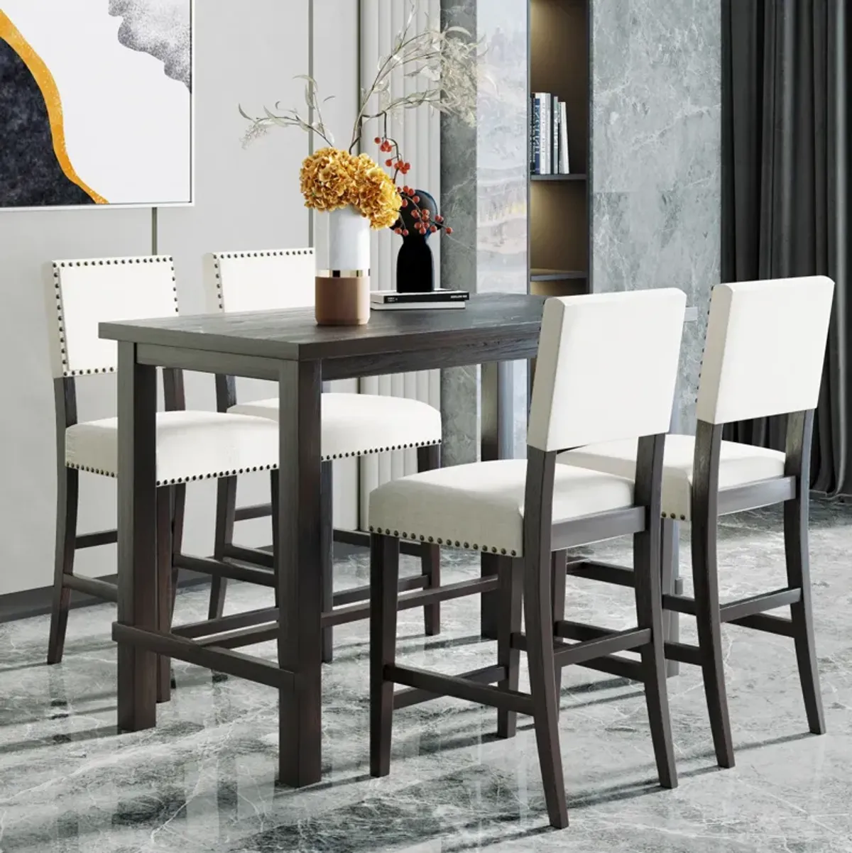 5-Piece Counter Height Dining Set, Classic Elegant Table and 4 Chairs