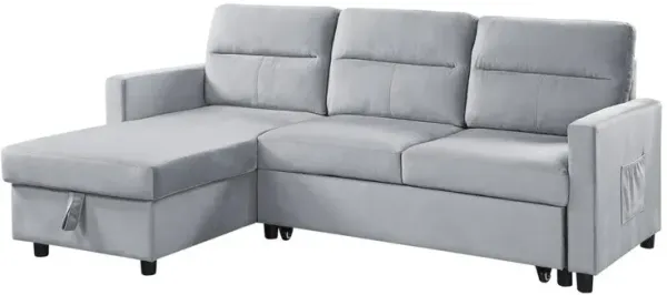 Lilola Home Ruby Light Gray Velvet Reversible Sleeper Sectional Sofa with Storage Chaise and Side Pocket
