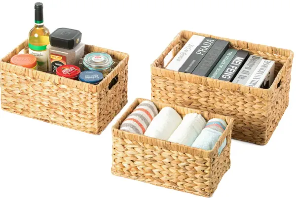 Natural Woven Water Hyacinth Wicker Rectangular Storage Bin Basket with Handles, Set of 3