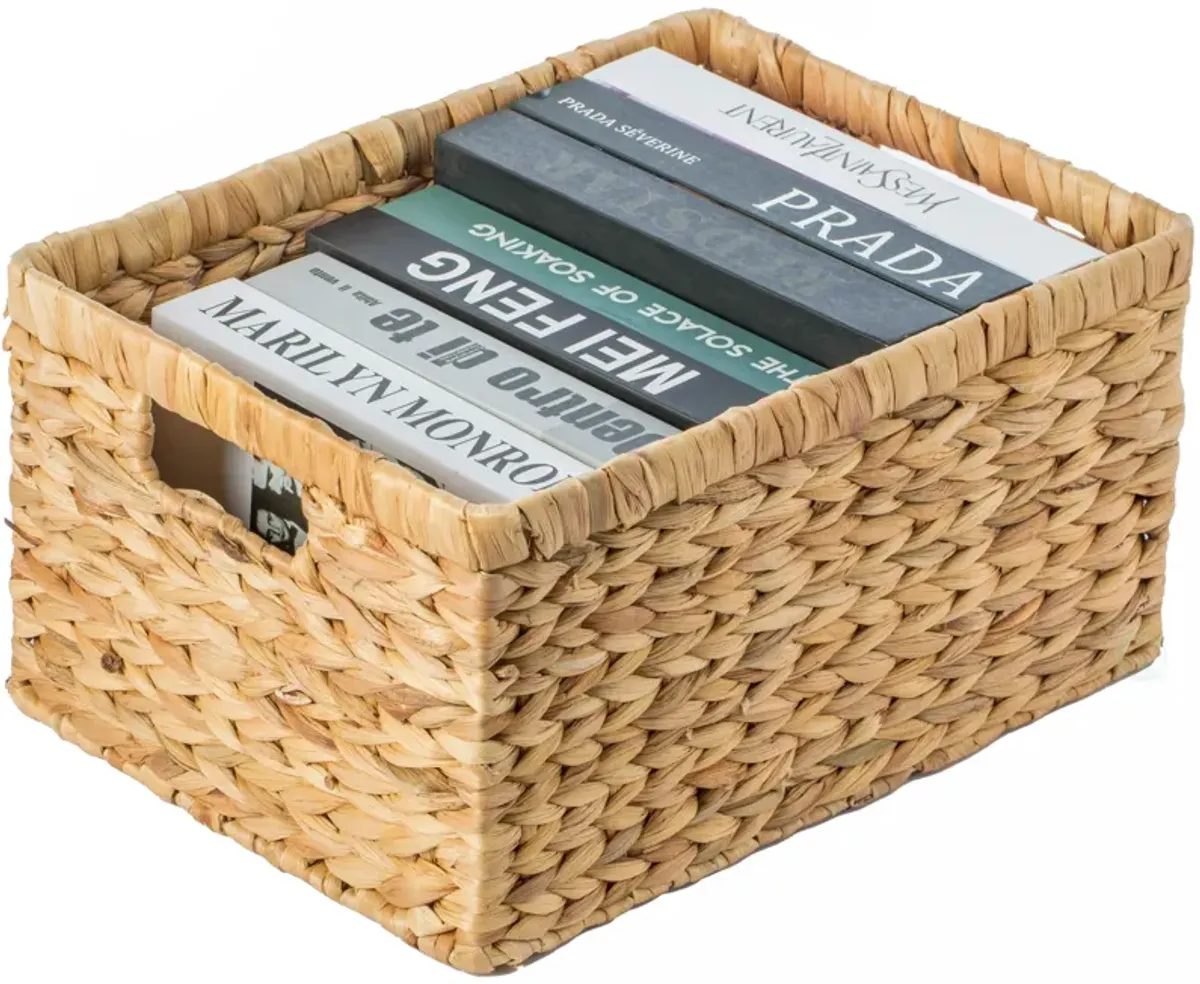 Natural Woven Water Hyacinth Wicker Rectangular Storage Bin Basket with Handles, Large