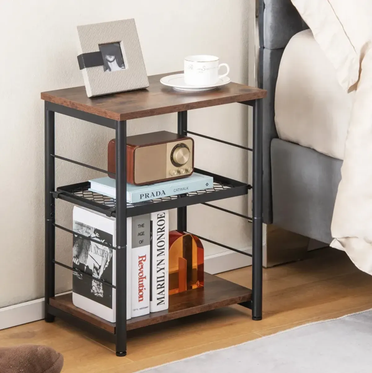 3-Tier Industrial Side Table with Adjustable Mesh Shelf for Living Room or Home Office Storage