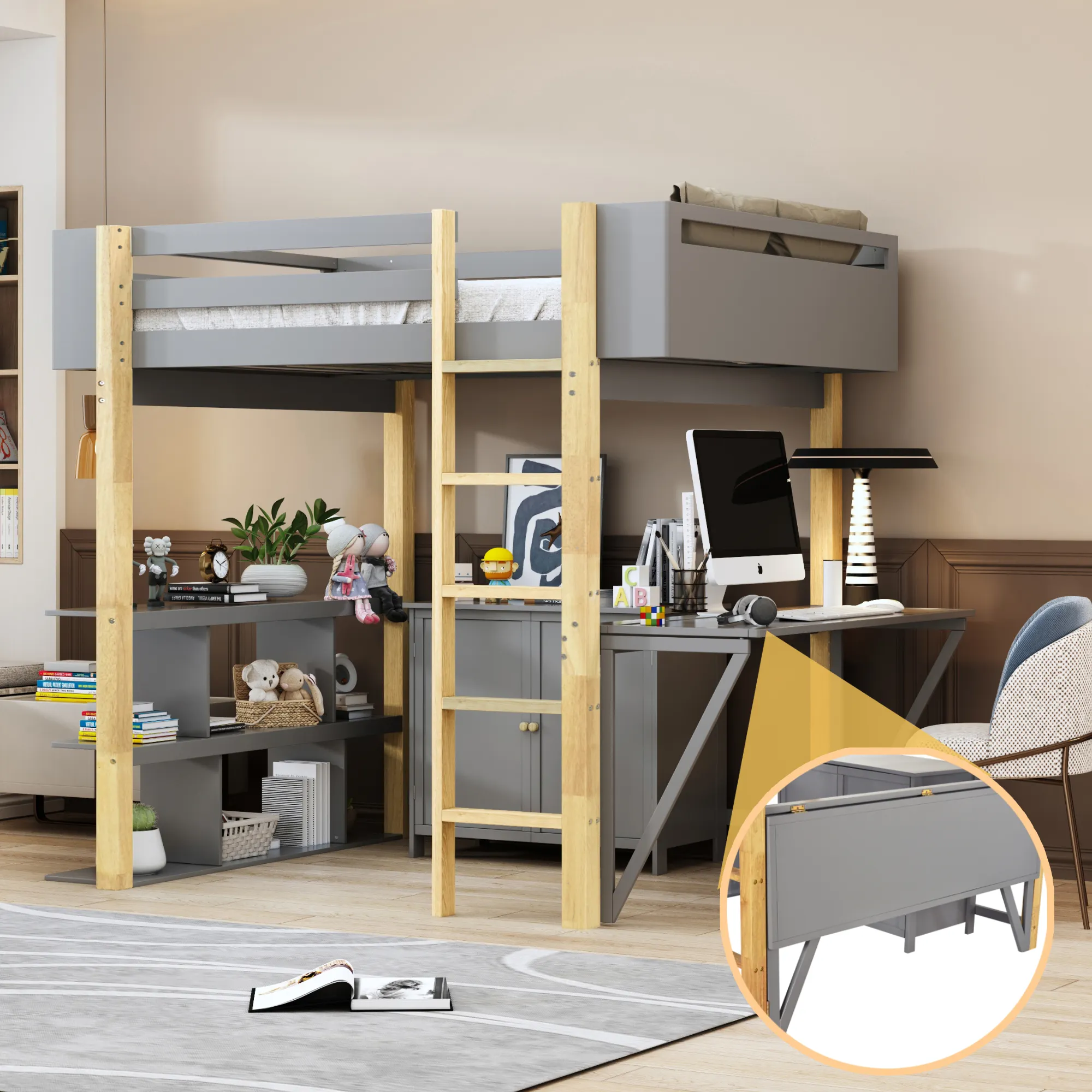 Merax Wood Loft Bed With Built-in Storage Cabinet