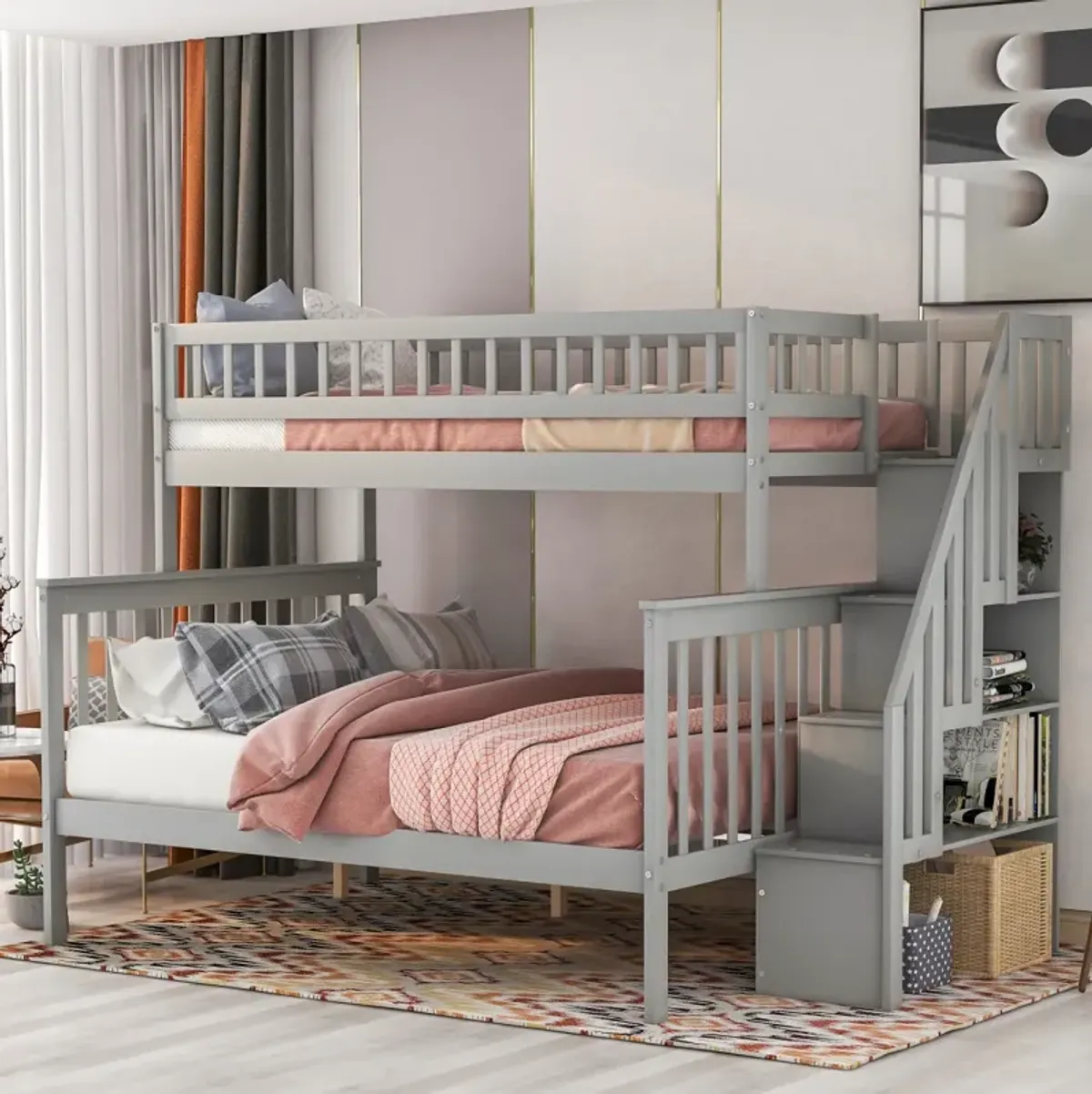 Twin Over Full Stairway Bunk Bed With Storage