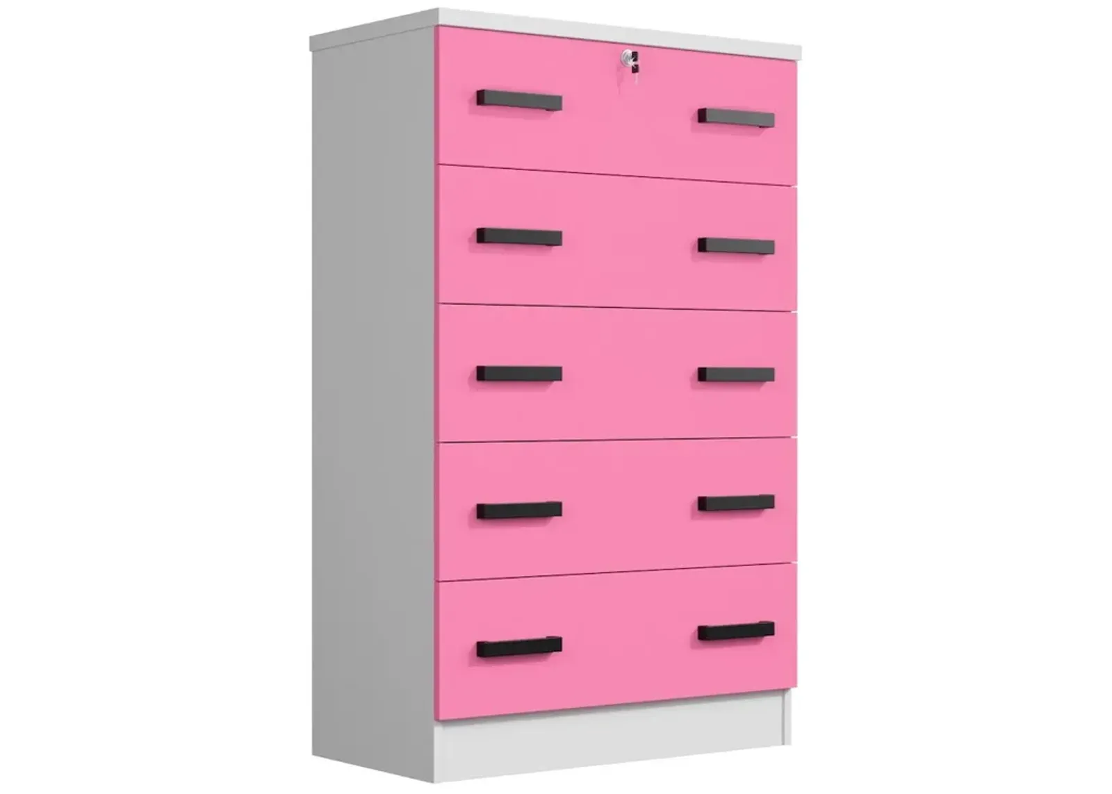 Cindy 5 Drawer Chest Wooden Dresser with Lock (White and Pink)