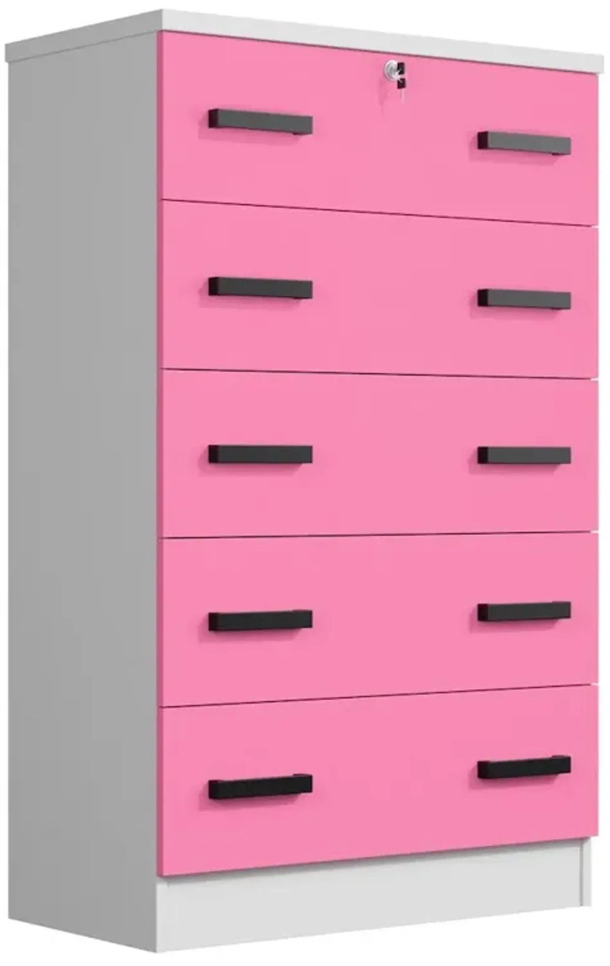 Cindy 5 Drawer Chest Wooden Dresser with Lock (White and Pink)