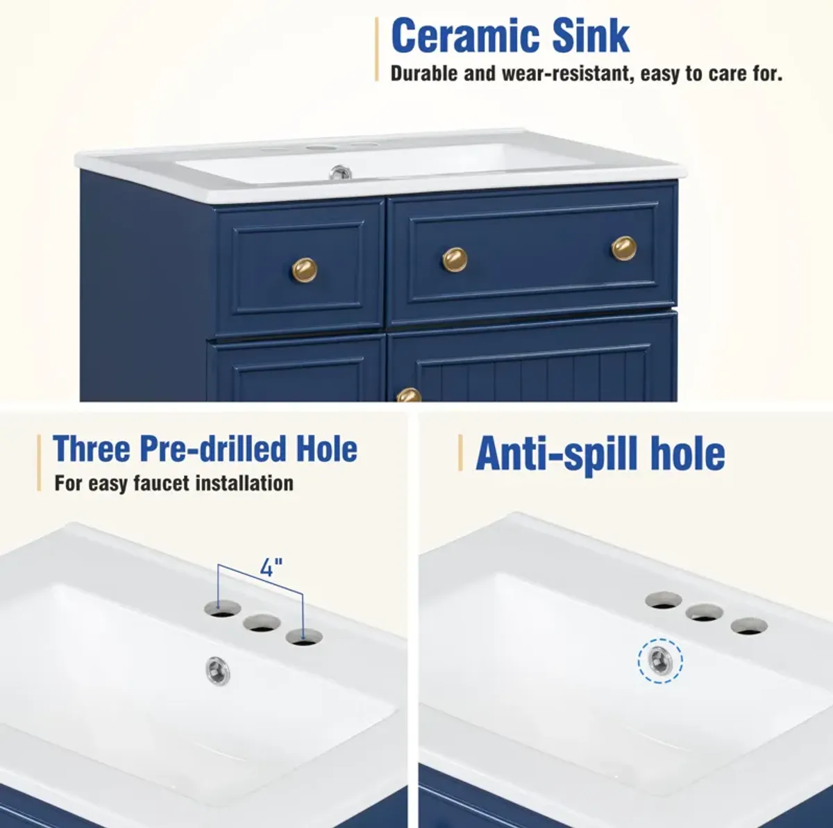 Gewnee 24-Inch Bathroom Vanity Cabinet with Ceramic Sink, 2 Drawers, 1 Door