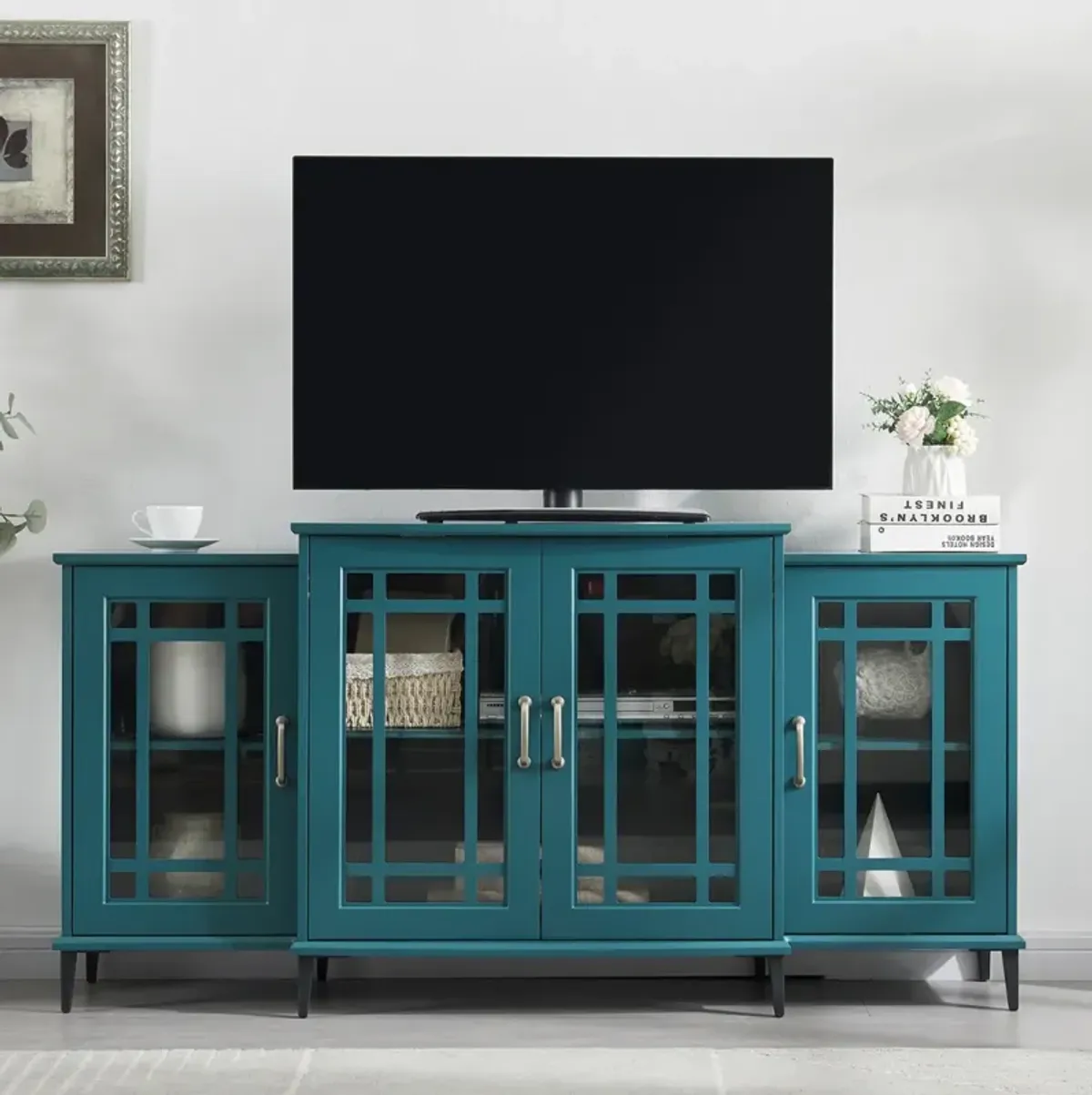 63" TV Stand, Storage Buffet Cabinet, Sideboard With Glass Door And Adjustable Shelves