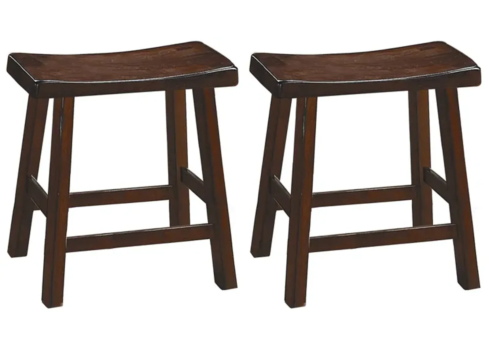 Wooden 18" Counter Height Stool with Saddle Seat, Distressed Cherry, Set Of 2-Benzara