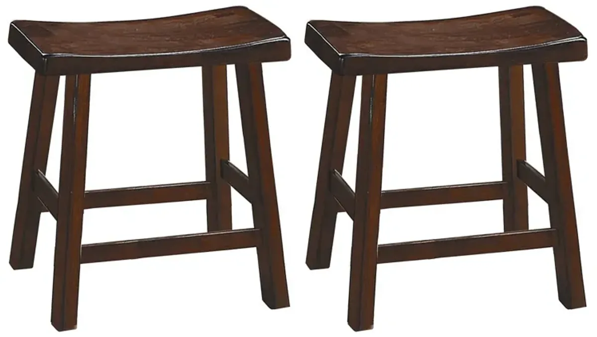 Wooden 18" Counter Height Stool with Saddle Seat, Distressed Cherry, Set Of 2-Benzara