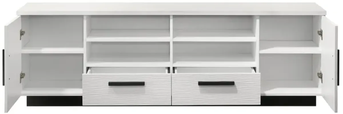 Sda 71 Inch TV Media Console, Door Cabinets, Drawers, Black Handles, White - Benzara