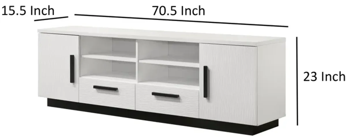 Sda 71 Inch TV Media Console, Door Cabinets, Drawers, Black Handles, White - Benzara