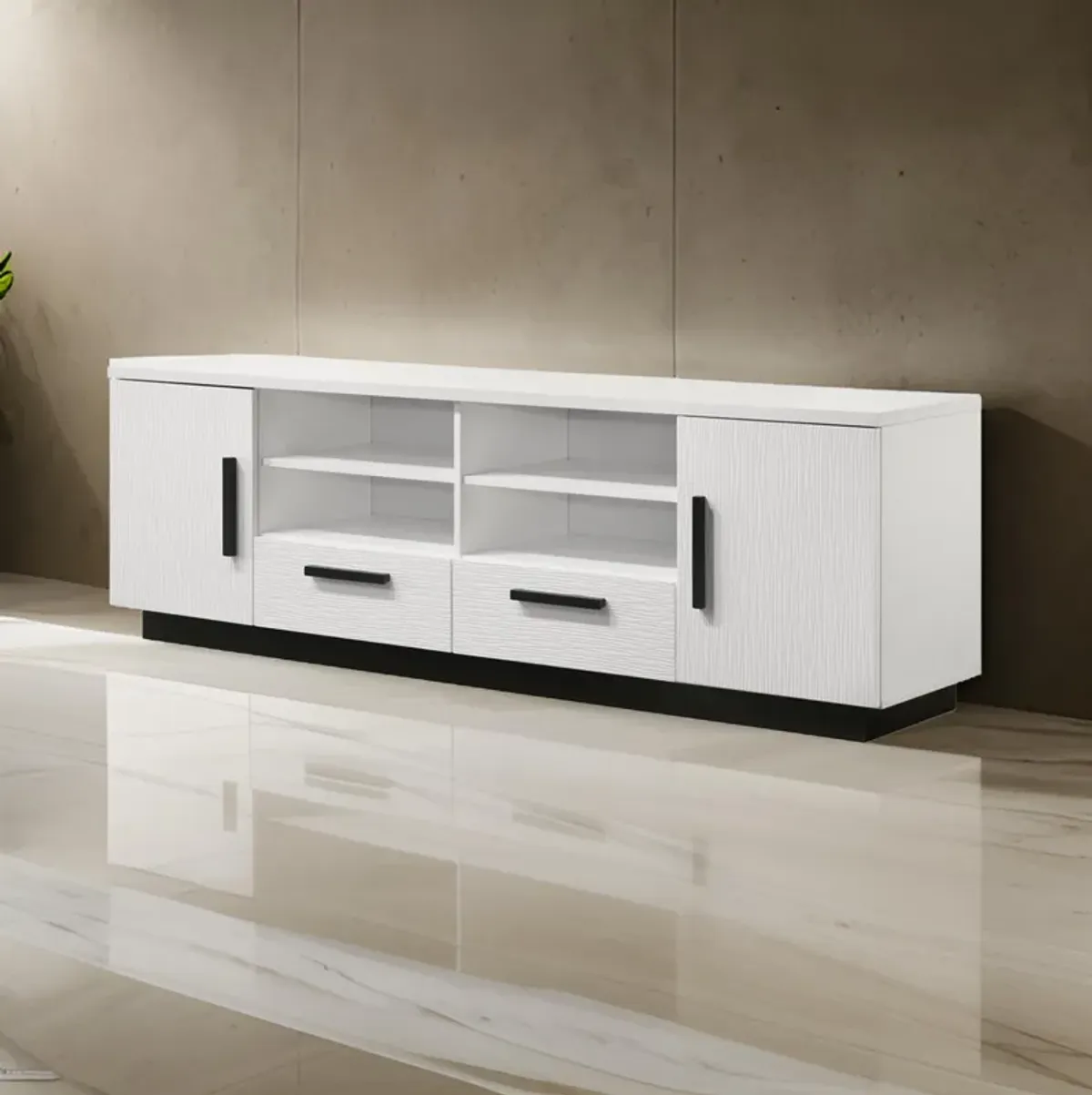 Sda 71 Inch TV Media Console, Door Cabinets, Drawers, Black Handles, White - Benzara