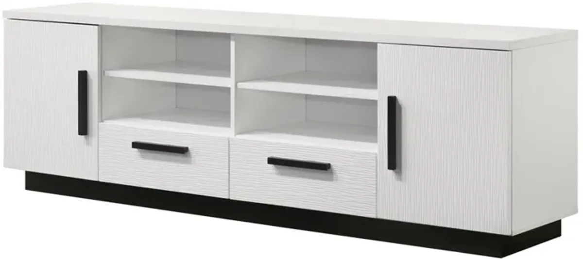 Sda 71 Inch TV Media Console, Door Cabinets, Drawers, Black Handles, White - Benzara