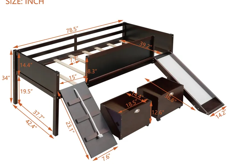 Twin size Loft Bed Wood Bed with Two Storage Boxes