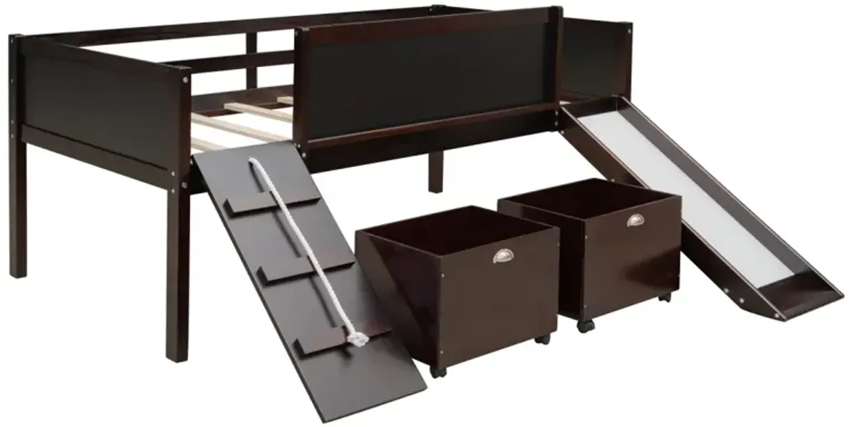 Twin size Loft Bed Wood Bed with Two Storage Boxes