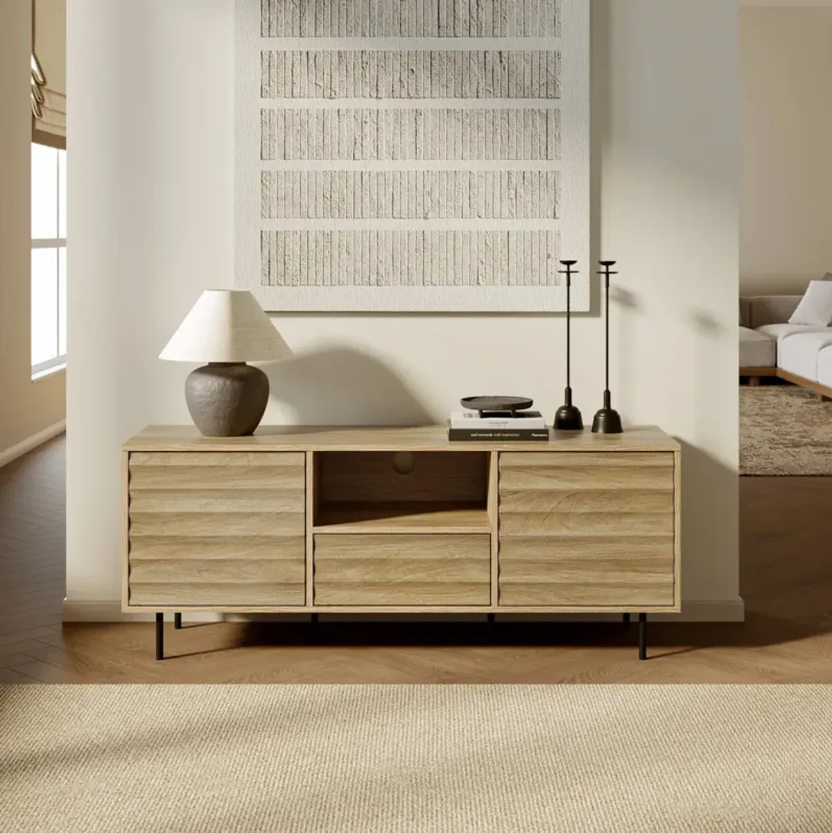 LuxenHome Mid-Century Modern Wave 2-Door 1-Drawer TV Console with Metal Legs