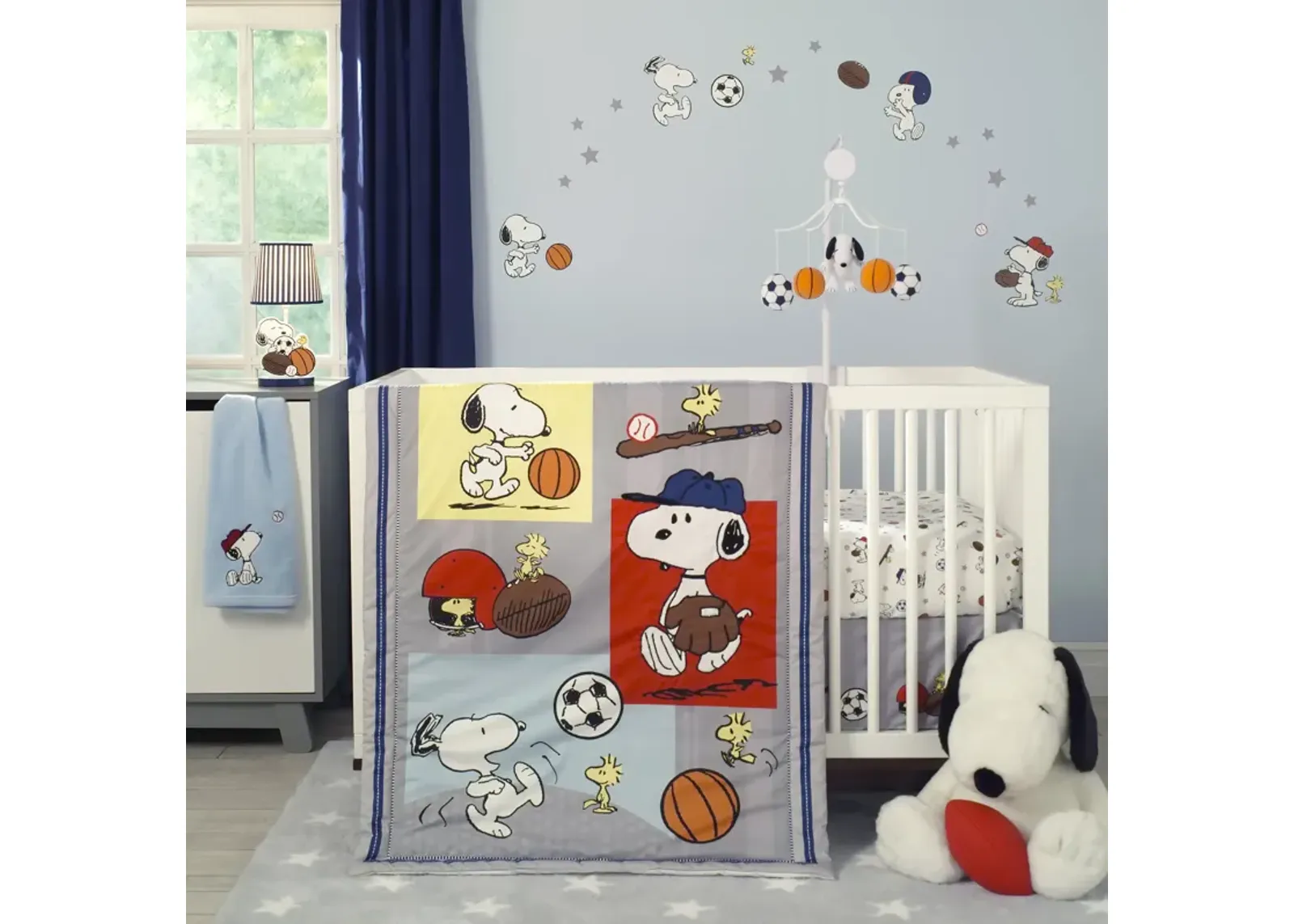 Bedtime Originals Snoopy Sports 3-Piece Crib Bedding Set - Blue, Red, Gray