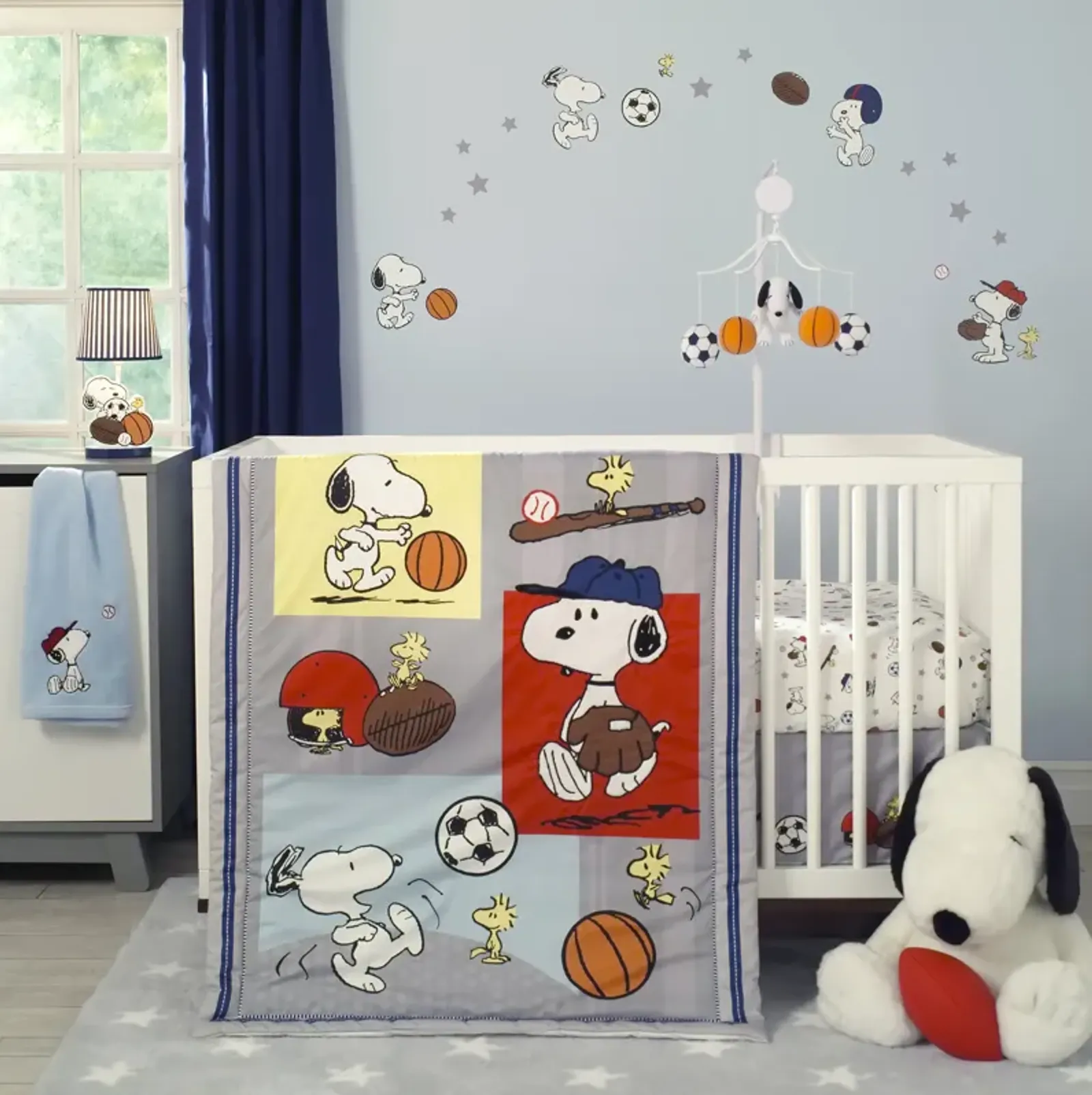 Bedtime Originals Snoopy Sports 3-Piece Crib Bedding Set - Blue, Red, Gray