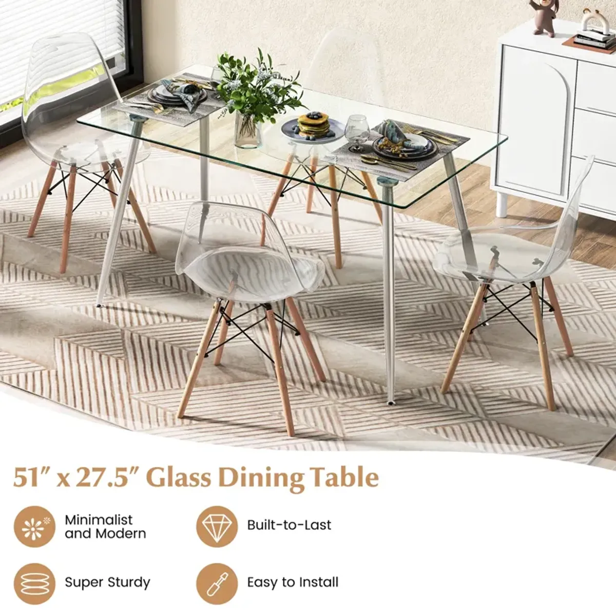 Glass Rectangular Dining Table with Metal Legs