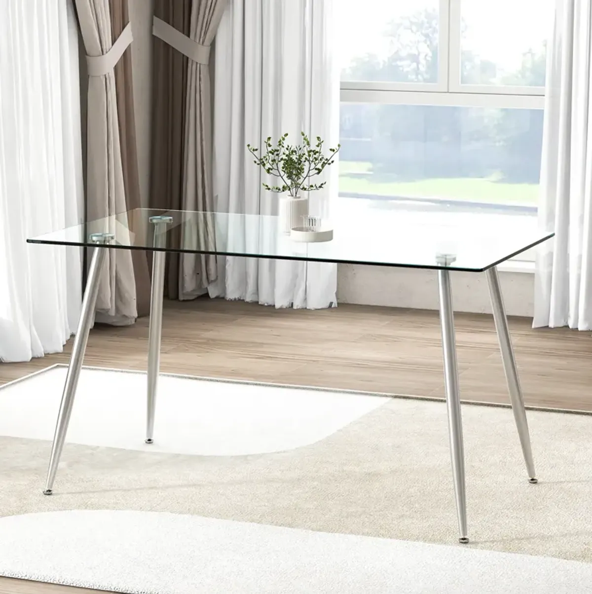 Glass Rectangular Dining Table with Metal Legs