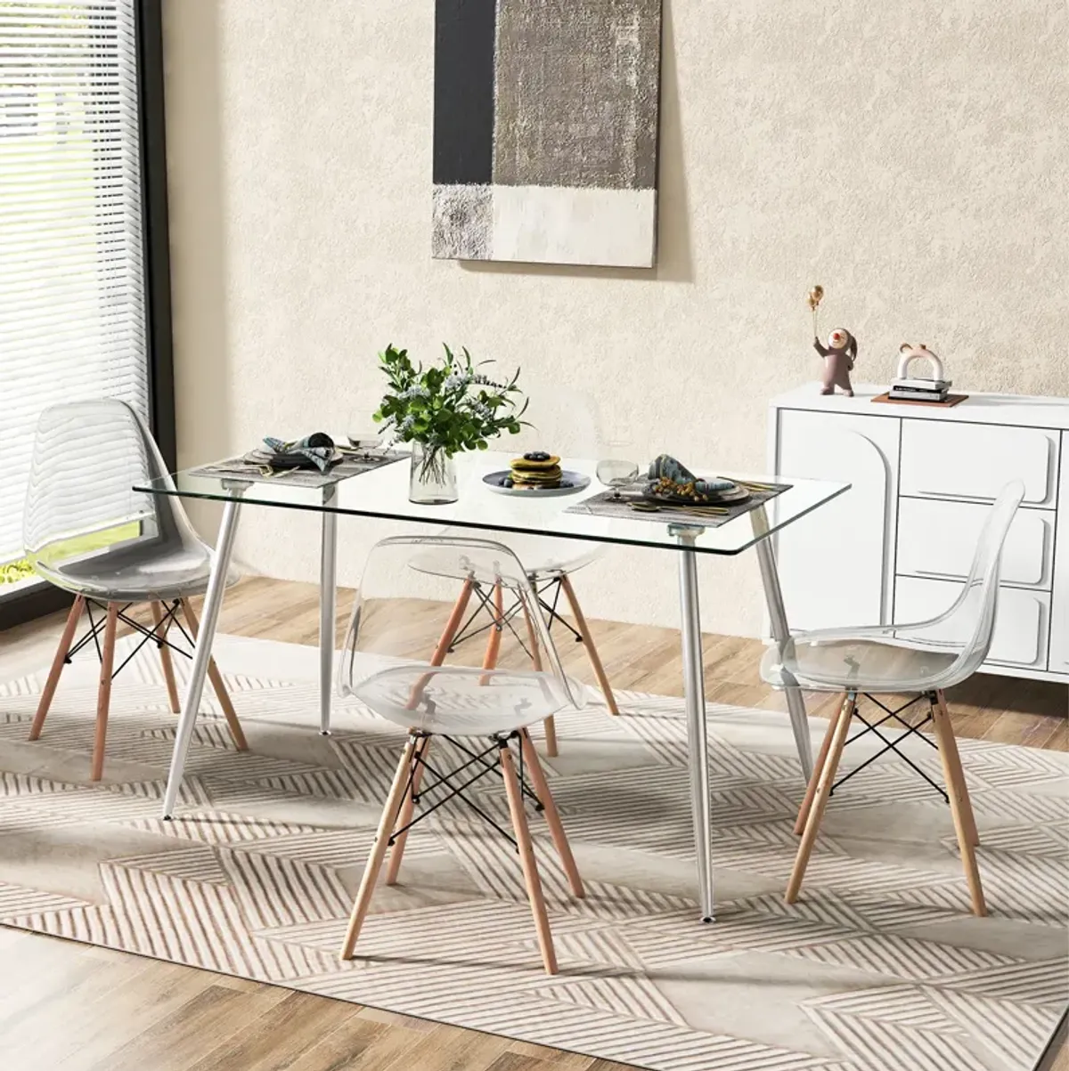 Glass Rectangular Dining Table with Metal Legs