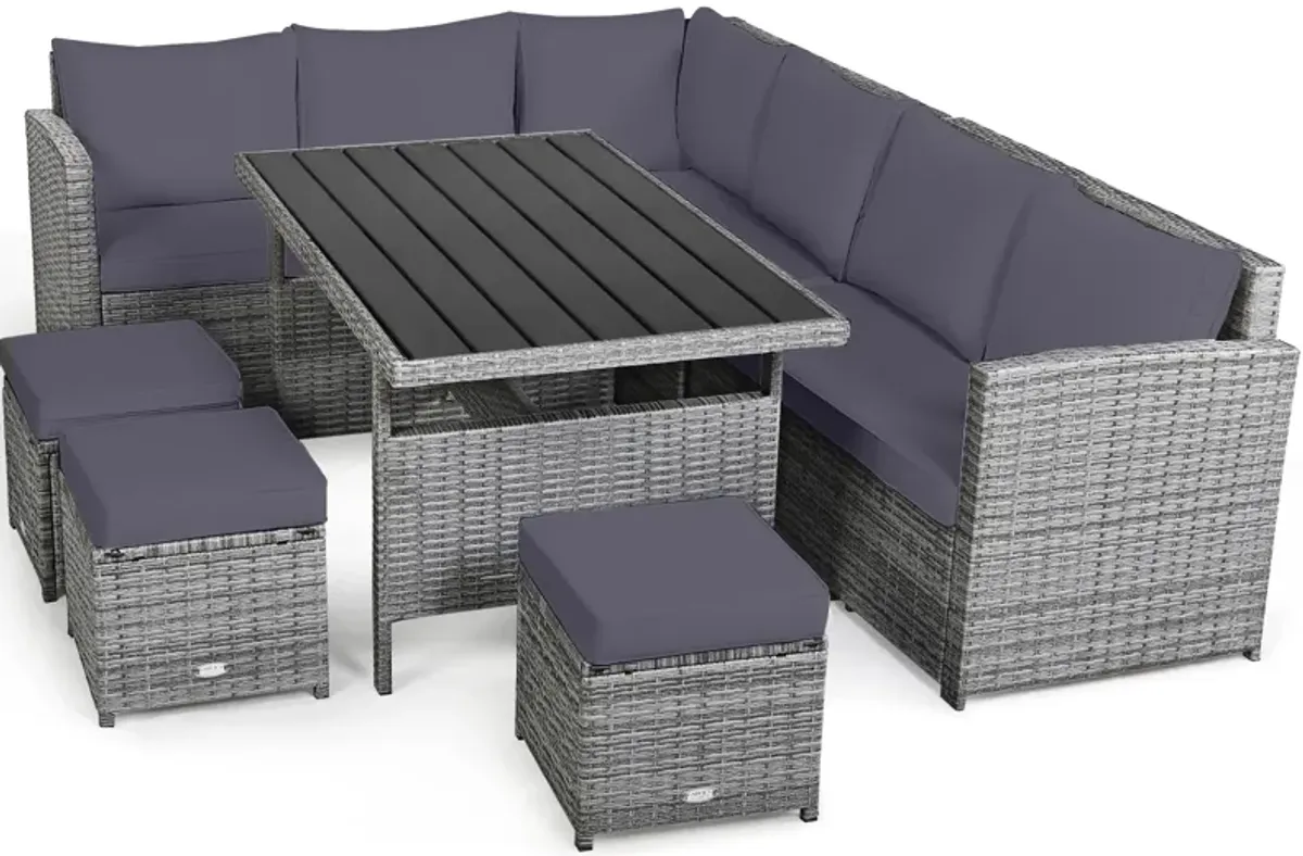 7 Pieces Patio Rattan Dining Furniture Sectional Sofa Set with Wicker Ottoman