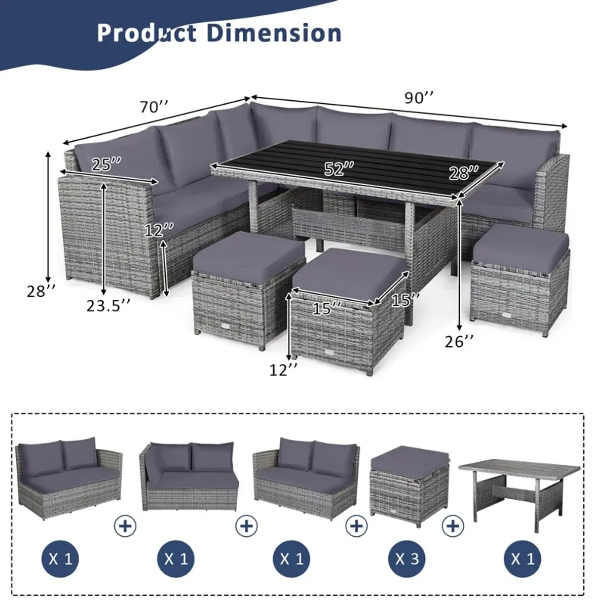 7 Pieces Patio Rattan Dining Furniture Sectional Sofa Set with Wicker Ottoman