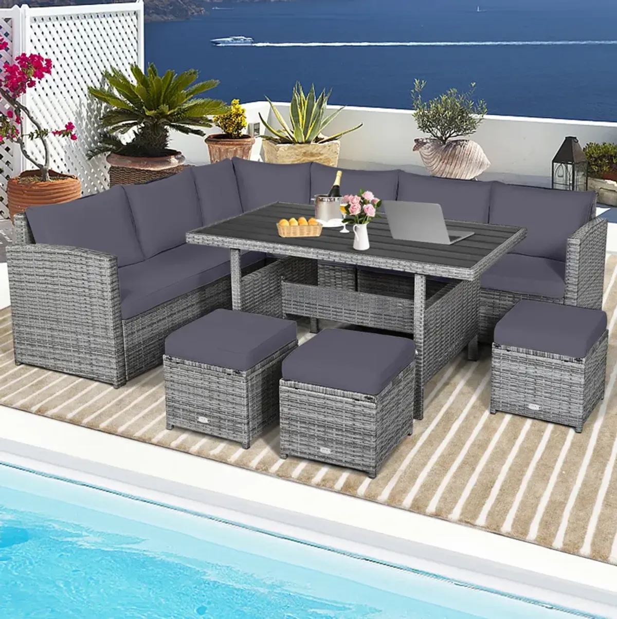 7 Pieces Patio Rattan Dining Furniture Sectional Sofa Set with Wicker Ottoman