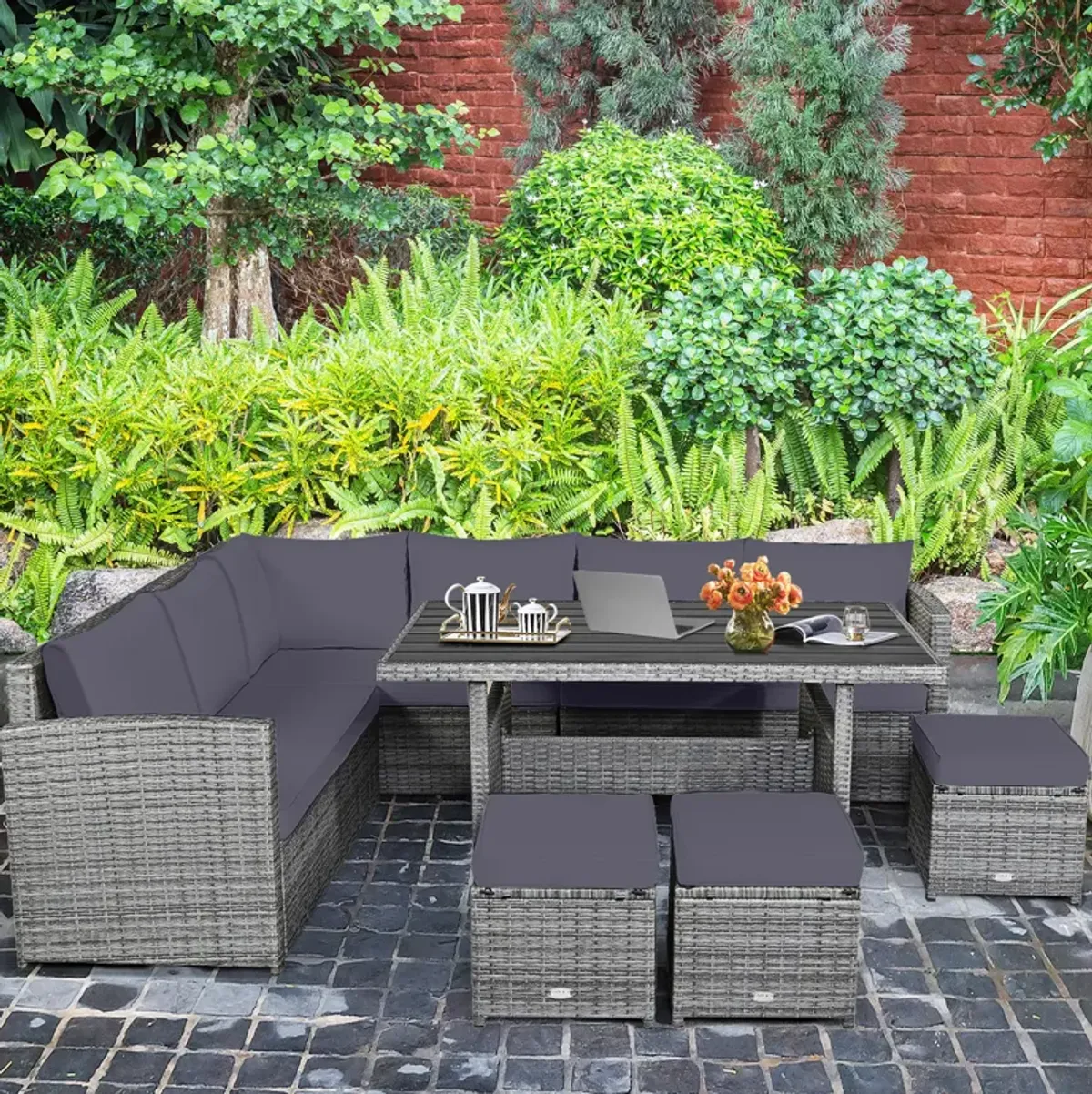 7 Pieces Patio Rattan Dining Furniture Sectional Sofa Set with Wicker Ottoman